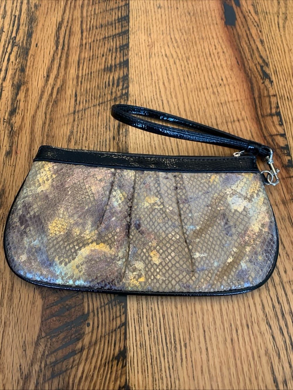Wilson's Leather Zip Bag Pouch Wristlet Snakeskin Beige Black Gold Copper Foil